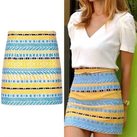 Zara Dresses & Skirts - EUC Zara Woman Aztec Embroidered Jacquard Mini Skirt Yellow Blue Cream Small
